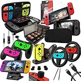 Orzly Zubehörpaket-Switch - Geek Pack für Nintendo Switch: Tragetasche & Displayschutzfolie, Joycon Grips & Lenkrad, JoyCon/Pro-Controller-Ladestation, Comfort Grip Tasche & More - JetBlack