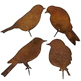 Gartenstecker Rost Deko, 4 Edelrost Vögel Metall Vogel Stecker, Rostiges Vögel mit Schraube zum Eindrehen in Holz, Vögel Metall Baumstecker für Holz Zaunfiguren Gartendek