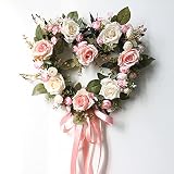 FSADGNO Künstliche Blumengirlande Hängende Dekoration Türdekoration Herzförmige Girlande Türsturz Blume Weihnachtsdekoration Girlande Pink Ribbon Sty