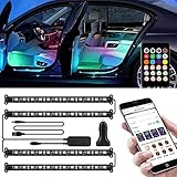 Auto LED Innenbeleuchtung, RGB Auto Innenraum Ambientebeleuchtung mit APP und Remote, Musik Steuerbar Auto LED Fußraumbeleuchtung LED Strip Atmosphäre Licht mit USB Port und Zigarettenanzünder 12V