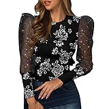 2022 Damen Sexy Spitze Langarm Einfarbig Knopf Gestrickte T-Shirt Top Bluse,Retro Drucken T-Shirt Pullover Oversize Oberteile Streetwear Elegant Tops Trägerlos Shirts Lose Blusen Eay