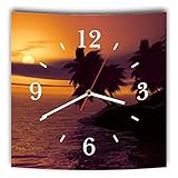 LAUTLOSE Designer Wanduhr mit Spruch Strand Palmen Sonnenuntergang lila Orange Wasser Meer grau weiß modern Dekoschild Abstrakt Bild 29,5 x 28