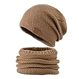 Herren Wintermütze Beanie Hut mit Schal Set Slouchy Strickmütze Warme Knit Skull Cap Fleecefutter H