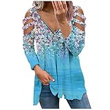 Xmiral Damen Langarm Shirt Reißverschluss V-Ausschnitt Blumendruck Bluse Slim Fit Streifen Schulterfrei Oberteil(Blau,L)