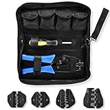 Crimpzange Kabelschuhzange Ratsche Crimper mit 5 wechselbaren Einsätzen 0,5-35 mm² Werkzeugtasche Schraubendreher, Presszange für Kabelschuhe Aderendhülsen Wire Terminal (Blau)