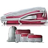 TRAVEL DUDE Packwürfel Set mit Kompression aus recycelten Plastikflaschen | Packing Cubes | Packtaschen Set für Rucksack & Koffer | Extra leichte Kleidertaschen (Weinrot, 4-teilig)