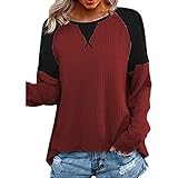 Damen Herbst Und Winter Waffel T-Shirt Rundhals Steppnähte Langarm Pullover Damen Top Weinrot+XXL