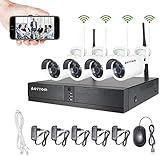 WLAN Überwachungskamera Set, 4CH NVR Kit mit 4 Außen 720P Sicherheitskamera ohne Festplatte, IP Kamera Outdoor mit Beweungsmelder, 30m IR Nachtsicht, 2 Wege Audio IP66 Wasserdicht, kostenlos APP XMEYE