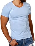Carisma Herren Uni Basic T-Shirt mit tiefem V-Ausschnitt Vintage Destroyed Kragen Effekt einfarbig Dehnbare Passform, Grösse:L, Farbe:Hellb