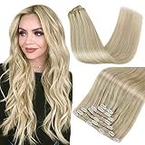 Fshine Clip in Extensions Echthaar 120g Blond Haarextension Clips Doppelt Tressen Voller Kopf Clip in Human Hair Extensions Dunkel Aschblond Hervorgehoben Goldblond Haarextension Clip in 7pcs 35