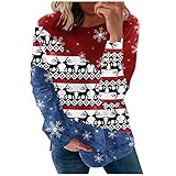 TRIGLICOLEUM Weihnachtspullover Damen Bluse Tunika mit Schneeflocken Elch Print Oberteile Basic-Hemden mit Farbblock Nähten Lässiges Langarmshirt Sweatjacke Herbst Winter Leichter Sw