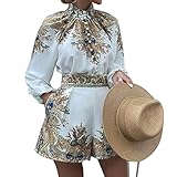 P12cheng Damen Hemd Shorts Set Einreihig Vintage Muster Print Knöpfe Bluse Shorts 1 Set Temperament Weiß XL