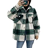 ISAKEN Damen Kariertes Mantel Taschen Knöpfen Langarm Oversize Bluse Mantel Hemdjacke Holzfällerjacke Mit Brusttaschen Mode Boyfreind Jeansjack