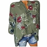 HolAngela Damen Bluse 3/4 Ärmel V-Ausschnitt Langarmshirt Oberteile Casual Blumen Tunika Tops Blumendruck Knopf Top Casual Sommertop Blusentop