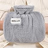 Wärmflasche mit Flauschige Bezug 1.2L, Plüsch Hot Watter Bottle Kuschelig mit Handwärmetasche, Grau Kuschel Fell Wärmflaschen Doppelter Wärme für Männer, F