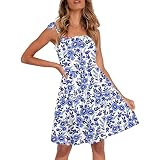 Damen Elegant Blumendruck Blusenkleider Kurzarm V-Ausschnitt Strandkleider Freizeit Knielang Kleider mit Schlitz Sommerkleid Mode Knopf Midikleid Partykleid Maxikleid Ballkleid Cocktailk