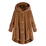 OFF-KEWIS Winter Coats for Women Button Fluffy Tail Tops Hooded Pullover Loose Sweater Solid Fleece Warm Cardigan Outerwear-3X-Large,Brow