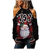 GULASISI Weihnachtspullover Damen Sexy Schulterfrei Halfter Weihnachtsmann Druck Langarm Oberteile Herbst Lustige Langarm Christmas Tshirt Top L