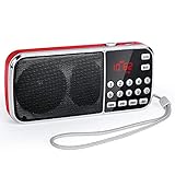 PRUNUS J-189 AM/FM/UKW Kleines Radio mit Bluetooth, Tragbares Radio mit Heavy Bass Lautsprechern, TF/USB/AUX-Player, LED-Taschenlampe, Digitalradio mit Wiederaufladbare Akku(Rot)