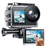 Action cam Doppelbildschirm 4K /30fps WiFi Action Kamera mit Externes Mikrofon, Unterwasserkamera Wasserdicht 40m, EIS Anti-Shake 20MP Sportkamera mit Fernbedienung, 2 Akkus 1350mAh und Zubehö