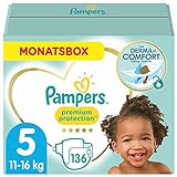 Pampers Baby Windeln Größe 5 (11-16kg) Premium Protection, 136 Stück, MONATSBOX, Pampers Weichster Komfort Und S