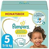 Pampers Baby Windeln Größe 5 (11-16kg) Premium Protection, 136 Stück, MONATSBOX, Pampers Weichster Komfort Und S