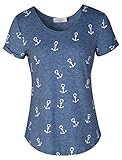 ELFIN Damen T-Shirt Top mit Anker Druck Rundhals Kurzarm Ladies Sommer Shirt Anker Sailing Tee Allover Print - leicht und luftig - sehr angenehm zu Tragen (Hellblau, X-Large)