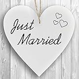 Herzschild Holzherz Holzschild 16 x 16 cm Just Married weiß Dekoschild Wandschild Schild Holz Heirat Ehe Flitterw