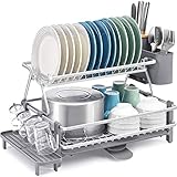 Kingrack Aluminium geschirrkorbs,Geschirr abtropfgestell 2 etagen Super Kapazität,geschirrabtropfer mit becherhalter,Besteckhalterkorb,geschirrablage Anti-Rost,Geschirr abtropfgitter groß für kü