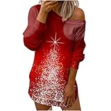 WANGTIANXUE Damen Pullover Lässiges Weihnachtsbaum Drucken Hemd Locker geschnittene Tunika mit Schräg Kragen Langarmshirt Winter-dünnes Lightwear-Sweatshirt Sexy Schulterfrei Homew