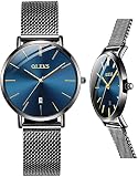 Damen Ultradünne Uhren, großes Zifferblatt Edelstahl Mesh Armband Casual Damen Uhr, Japanische Quarz Wasserdichte Uhr für Frauen, Damen Kleid Uhr mit Datum, Schwarzes Netz mit blauem Zifferblatt, R