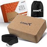 DAMOX | Yoga Block Kork – Yogaklotz aus Naturkork – Korkblock [22,5x15x7,5 cm] für Yoga und Pilates mit Yoga Gurt [183 cm] – Dermatologisch g