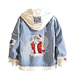 Chicage Frohe Weihnachten Denim Hoodie Jacke Casual Langarm Button-Down-Mantel Urlaub Outwear für Männer F