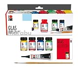 Marabu 1306000000087 - Glas Starter Set, leuchtende, transparente Farbe auf Wasserbasis, spülmaschinenfest ohne Einbrennen, speichelecht, 4 x 15 ml Farbe, 20 ml Reliefp