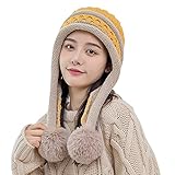 UKKO Strickmütze Frauen Netter Pompom Strickmütze Mode Winter Warm Dicker Outdoor Halten Sie Warme Gestrickte Hut-Yellow