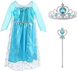 Vicloon Prinzessin Kostüm Mädchen, Eiskönigin ELSA Kleid Blau mit Diademe & Zauberstab, für Weihnachten Karneval Party Halloween Fest, 6-7 Jahre Size 150cm B