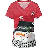QI_LIANG Mode Frauen Weihnachtsdruck Kurzarm Tops Arbeitsuniform Oversize Bluse mit V