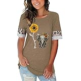 Masrin Frauen T-Shirt Sommer lässig Sonnenblume Brief Tier gedruckt Tops Streifen Farbe Block Patchwork Pullover O-Ausschnitt Kurzarm Tunika Bluse (L,Khaki)