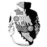Dodomop Wikinger-Kapuzenjacke für Herren T-Shirts 3D-Druck Grafik,Nordic Pullover mit Kordelzug Sweatshirt,Black and White Wolf,M