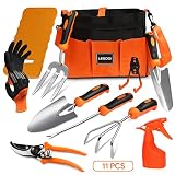 Gartenwerkzeug Set, 11 Stück Gartengeräte Set Edelstahl Gartenarbeit Werkzeugset, Garten Zubehör Geschenk inkl Gartenschere, Werkzeugbeutel, Haken, Gartenhandschuhe, G