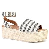 Qupid Emerson Plateau-Sandalen für Damen, gestreift, offener Zehenbereich, Espadrille mit Keilabsatz, (Schwarz Beige Strick), 42 EU