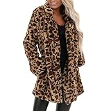 Damen Leopard Faux Fur Pocket Fuzzy Warm Winter Oversized Outwear Long Coat, braun, 46