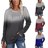 Langarm-T-Shirts für Damen, lockeres Hemd, Liebes-Grafikdruck, Farbverlauf, Farbblock, Rundhalsausschnitt, Pullover, modisch, lässig, Tunika, Winter-Tops, blau, S