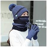 4 Pcs Women Winter Thickened Knitted Beanie Cap Hat Scarf Face Cover Gloves Set,Winter Beanie hat Scarf and mask Set (Dark Blue)