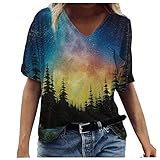 Ebsuk Damen T-Shirt Bunte Pflanzen- und Tiermuster V-Ausschnitt Kurzarm T-Shirt für Damen Casual T-Shirts Bluse Tunika Sommer Lässig Urlaub Loose Tees Tops Mädchen 3D Tshirt Top Hemd B