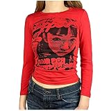 XUNN Damen Y2K Retro-Langarm Crop Oberteile Grafik Bedrucktes Langarm Top Portrait Print Slim-Fit Mesh Harajuku Crop Top Y2K Salat Trim Bluse 90S E-Girl Streetwear Schmales Top