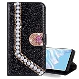 Nadoli Leder Hülle für Galaxy J5 2017,Luxus Bling Glitzer Diamant 3D Handyhülle im Brieftasche-Stil Perle Herz Flip Schutzhülle Etui für Samsung Galaxy J5 2017,Schw