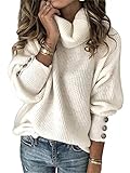 Abtel Damen Rollkragen Zopfmuster Pullover Grob Pullover Winter Warm Strickpullover Tops Langarm Rollkragenpullover können Zierknöpfe Winterpullover Weiß L