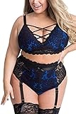 EVELUST Damen Sexy Dessous Set Große Größen Erotische Lingerie Unterwäsche Reizwäsche Spitzen BH und Höhe Taille Strumpfgürtel Belt Panty mit Blumenmuster Stickerei und Netz(Blackblue,2XL,828w)