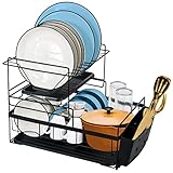 Abtropfgestell Geschirr Küche Schwarz Regal: Teller Organizer Spüle Rack Metall Spülbecken - 2 Etagere Spuele Klein Besteck Dish Halter Kitchen Set - Abtropfmatte Aufbewahrung G